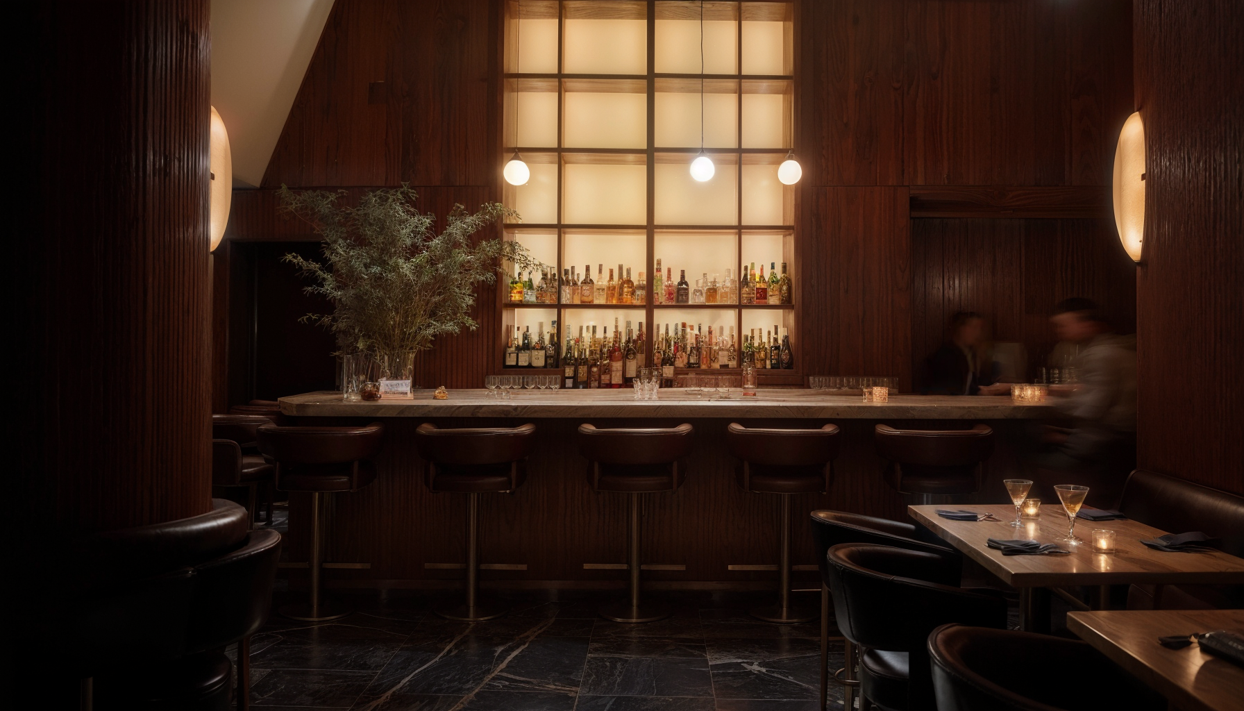 Dark, warm-lit AI concept interior — bar and dining room