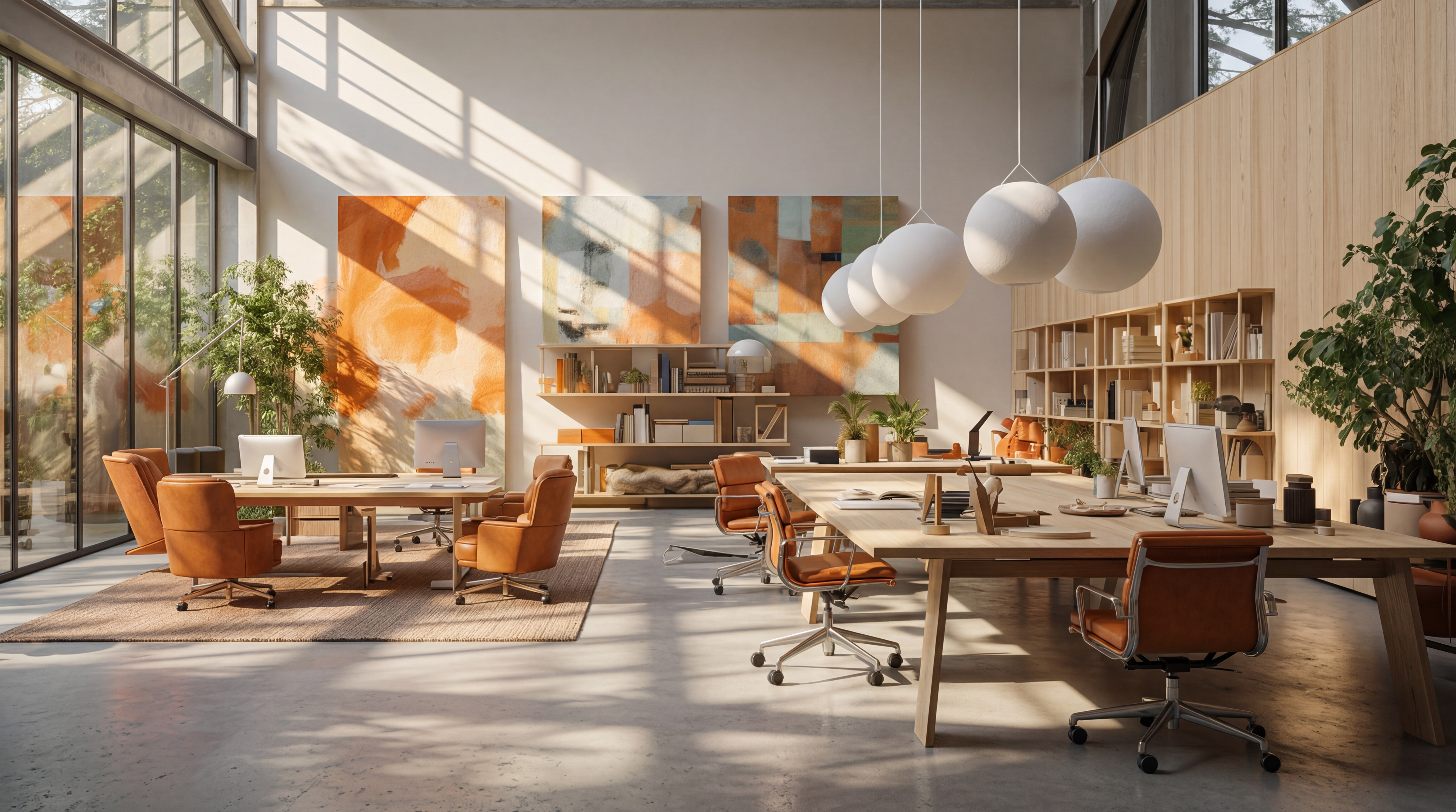 Sunlit workplace with oak desks and tan leather chairs